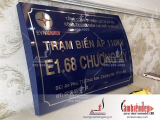 Biển EVN Hà Nội inox trắng xước ăn mòn đổ sơn phần nền