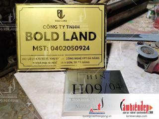 Biển công ty bold land inox vàng gương phun cát