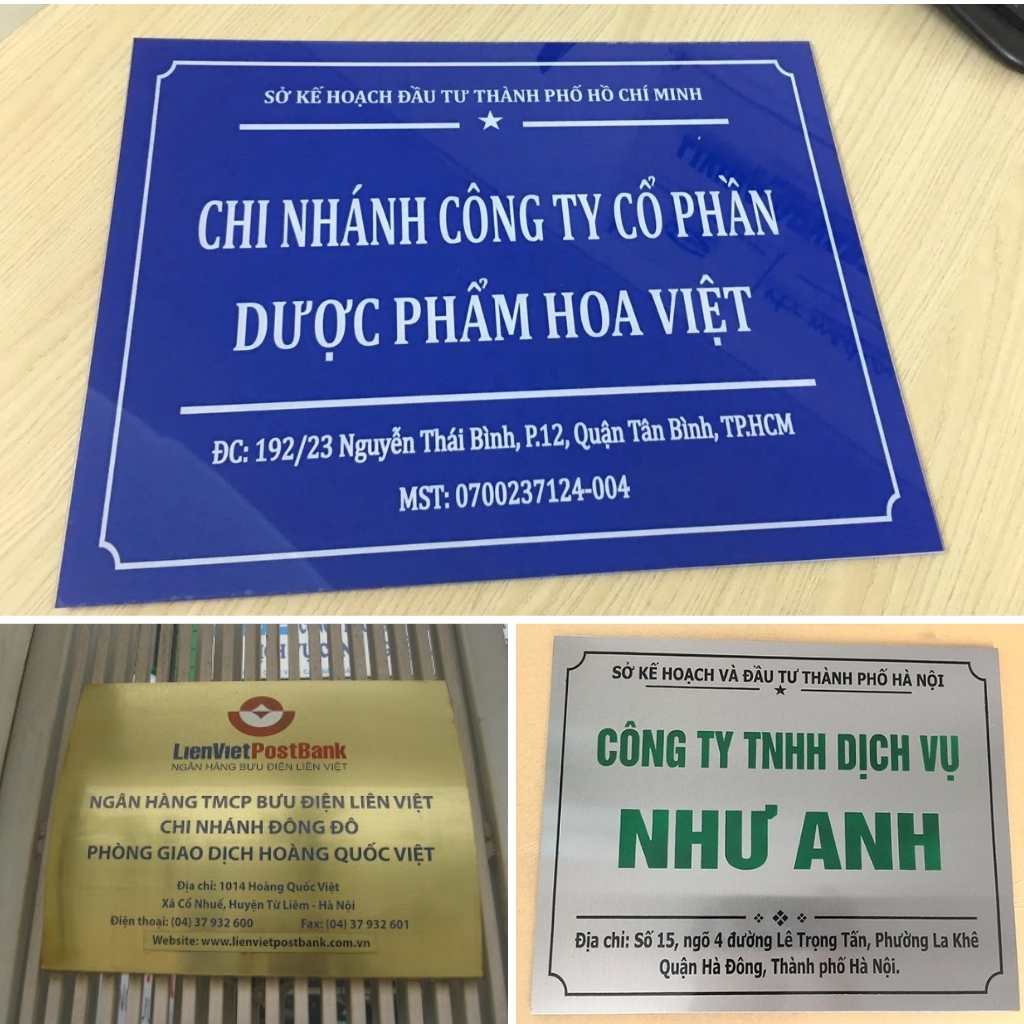 3 loại biển công ty với 3 chất liệu khác nhau