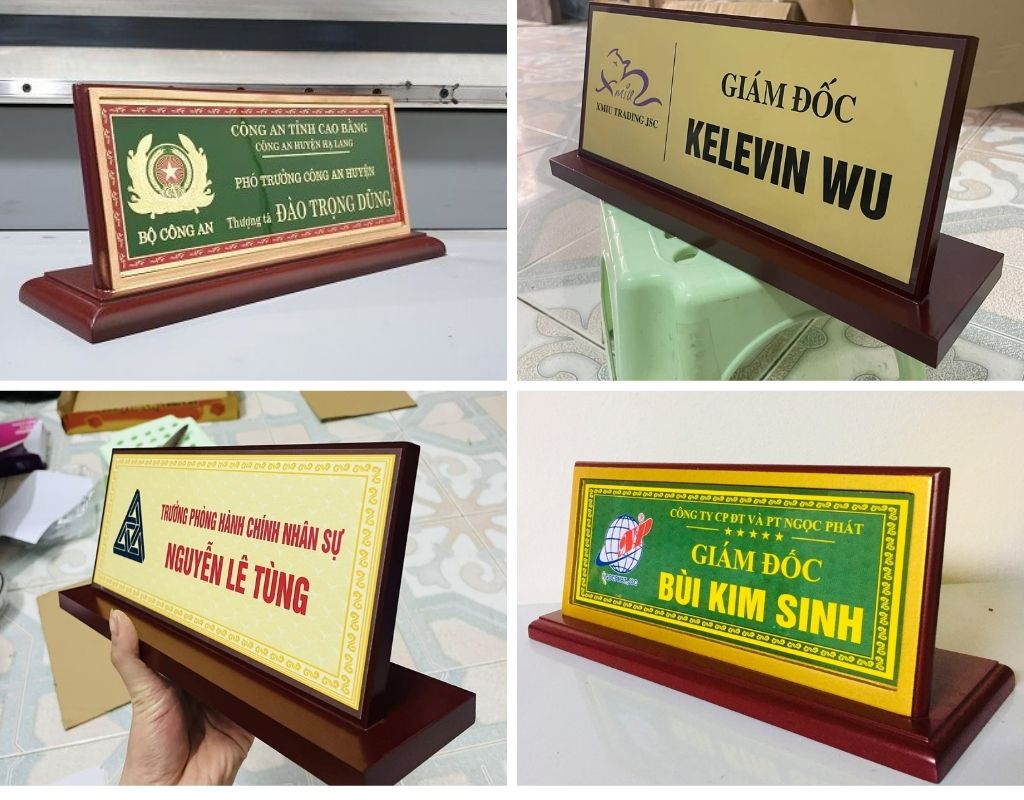 Biển chức danh chữ L mặt đồng đế gỗ