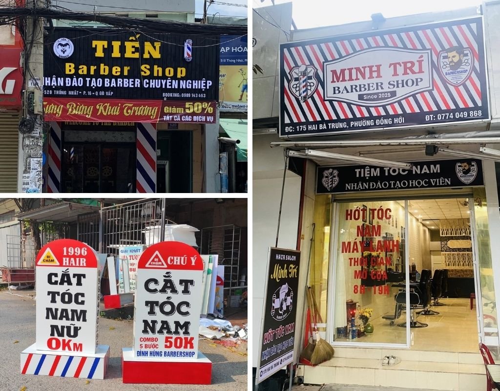 Kết hợp 3 màu xanh đỏ trắng vào các biển hiệu cắt tóc nam