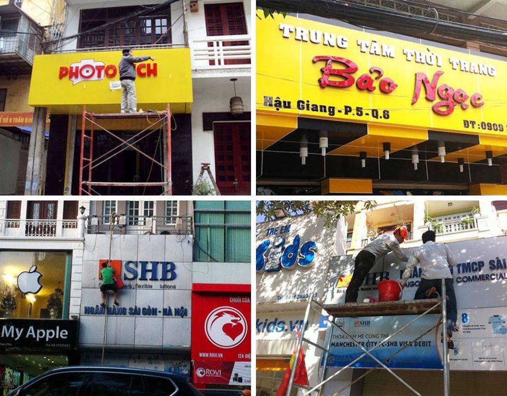 Khi vệ sinh biển hiệu nên trang bị đầy đủ thang, giàn giáo, bảo hộ an toàn